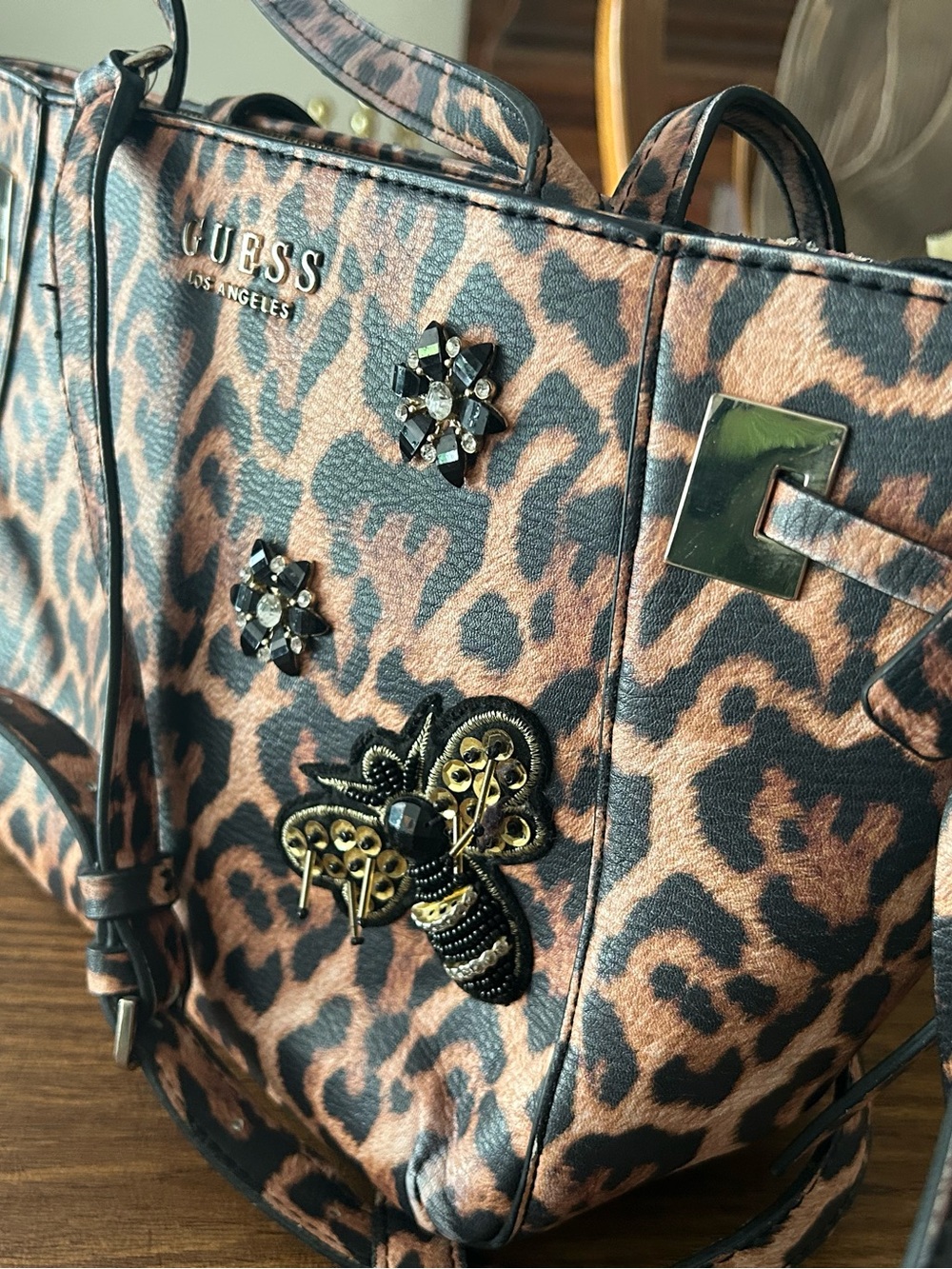 GUESS Leopard-Print Embellished Tote in Brown and Black
